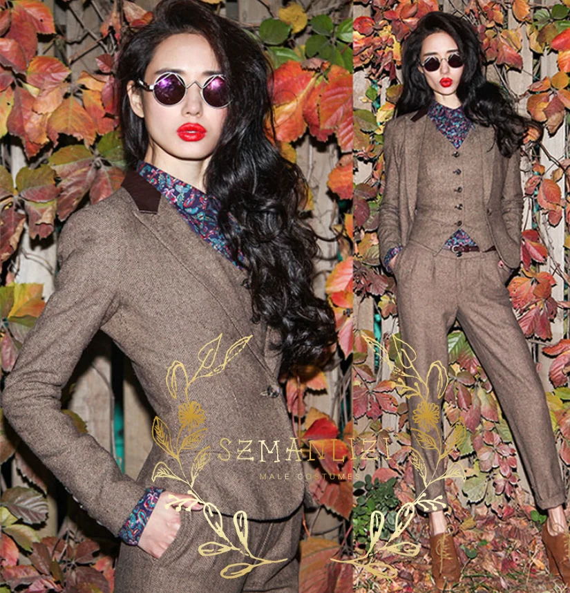 

Women 3-Piece Pants Suit Retro Slim Fit Ladies Office Work Wear Tweed Wedding Suits For Women Blazer+Pants+Vest