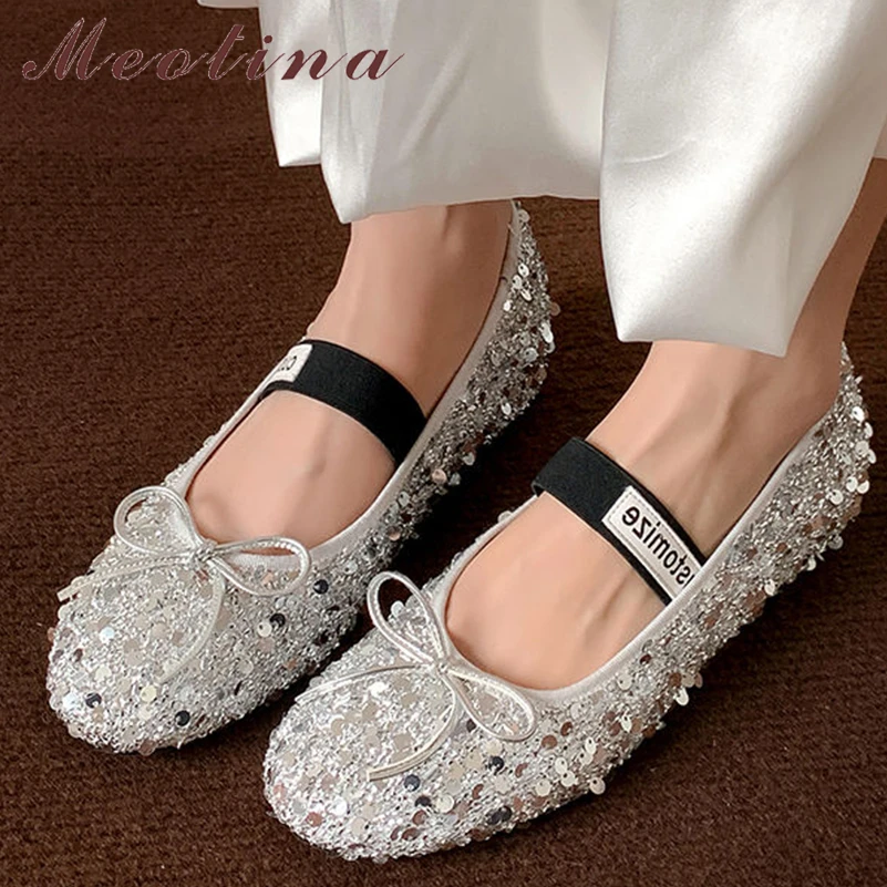 Meotina Women Mary Janes Round Toe Flats Bow Glitter Glove Shoes Concise Ladies Fashion Casual Shoes Spring Autumn Silver 40