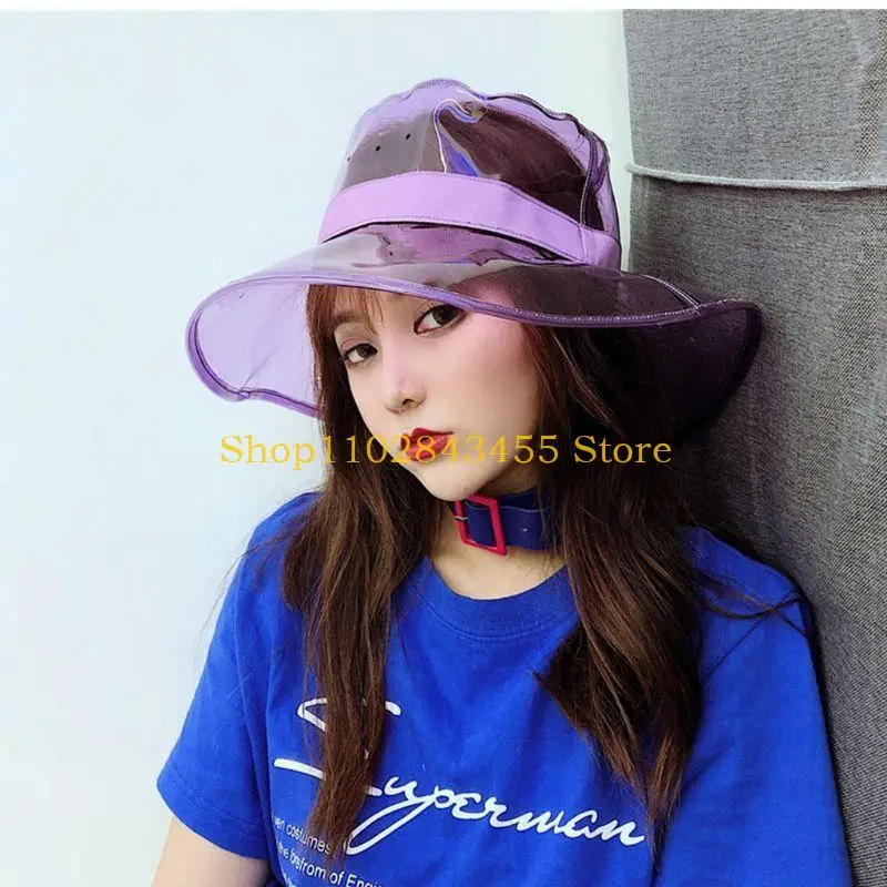 49mc-女性男性夏-pvc-透明バケットハット明るいゼリー無地つば広通気性防水サンバイザーレインハット