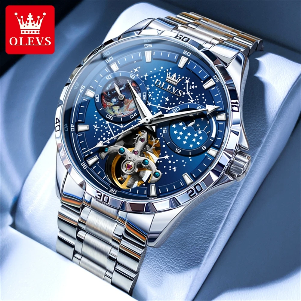 

OLEVS Automatic Mechanical Watch for Men Skeleton Flywheel Rotating Seconds Starry Sky Mens Wristwatch Luminous Moon Phase Watch