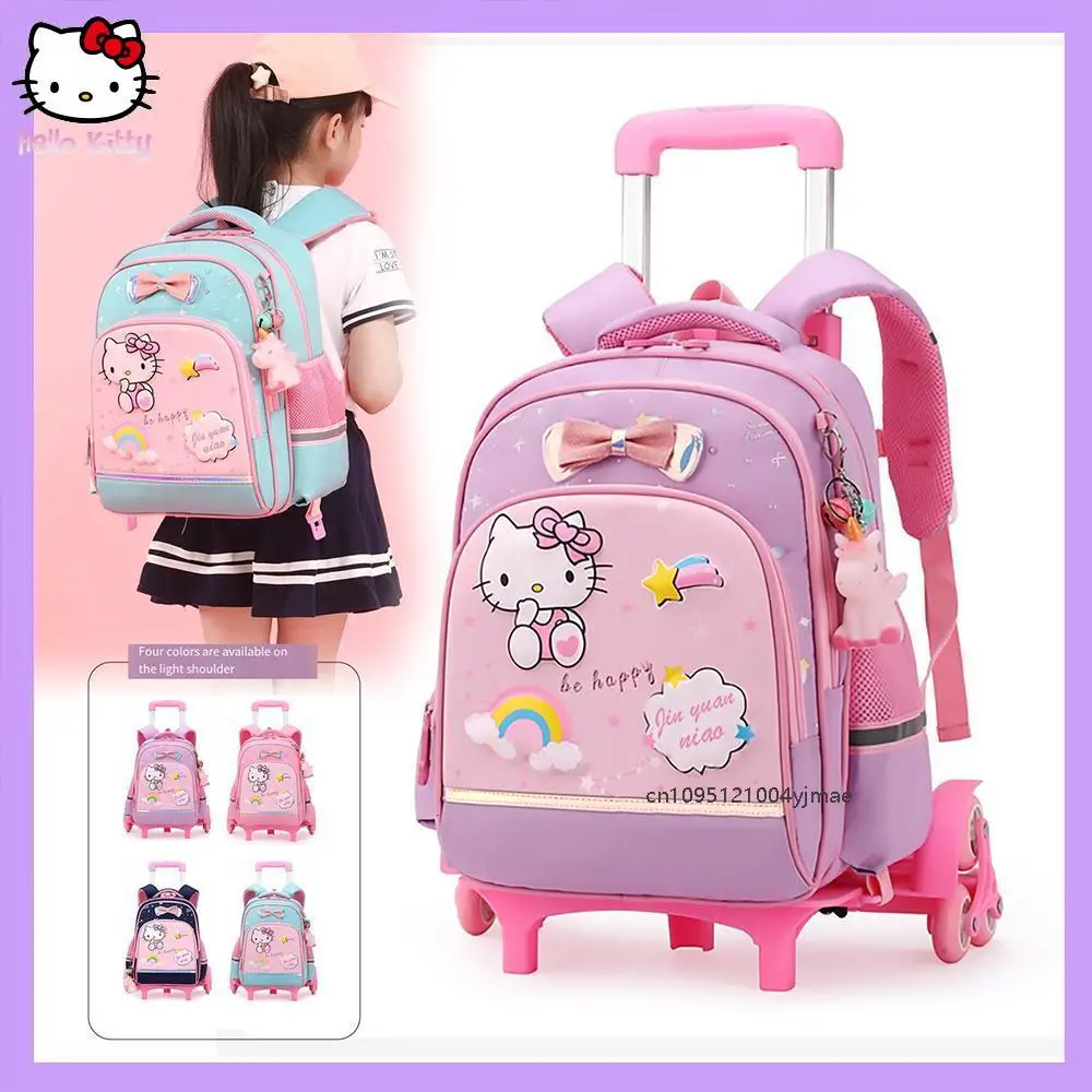 

Школьная сумка на тележке в стиле аниме Sanrio Hello Kitty для девочек, новая сумка большой вместимости, водонепроницаемые сумки, рюкзак на колесиках с колесиками