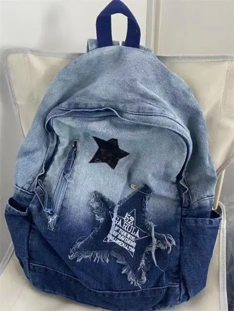 Mochila Y2K para mujer, bolso de hombro de mezclilla con Collage de estrellas, gran capacidad, escolar, informal, de viaje, novedad de 2023