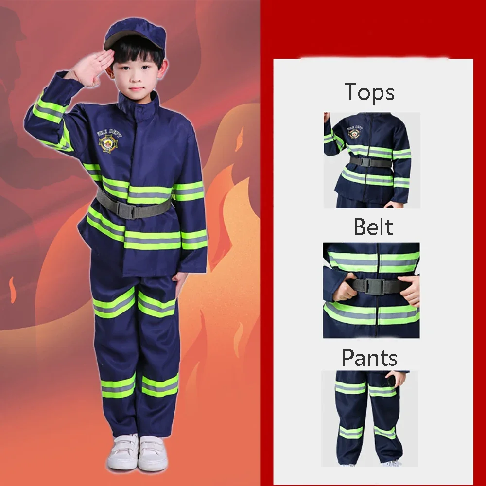 Children Firefighter Uniform Kids Cosplay Fireman Work Costume Suit Boy Girl Performance Carnival Party Costumes Birthday Gift