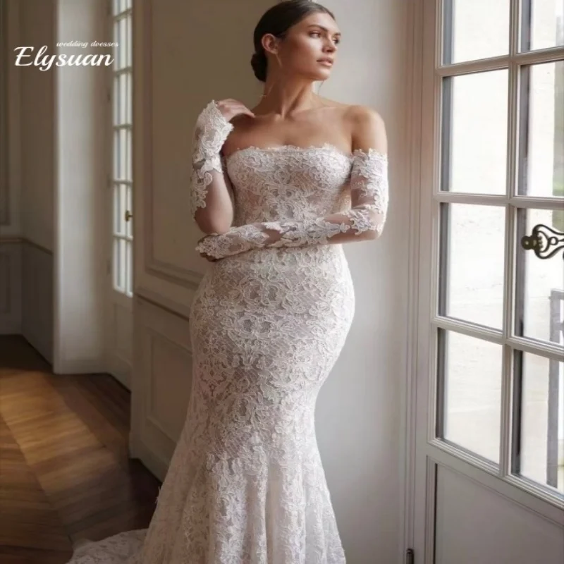 Customized White Off the Shoulder Wedding Dresses Long Sleeves Back Zip Train Bridal Gowns Mermaid Wedding Gowns