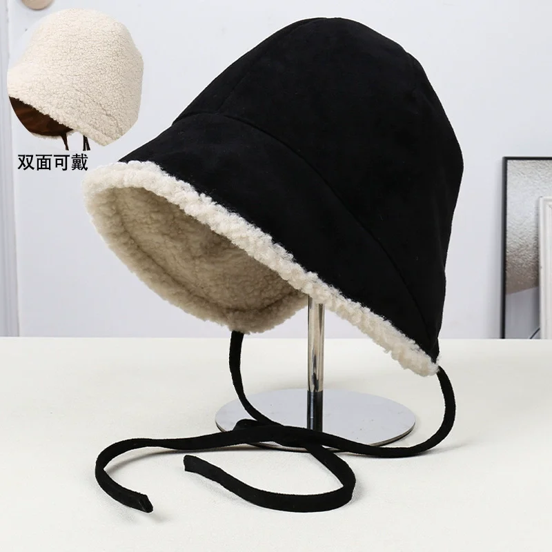Korean Ins Retro Coffee Suede Strap Bucket Hats Women Autumn Winter Casual Warm Ear Protection Cute Bucket Cap
