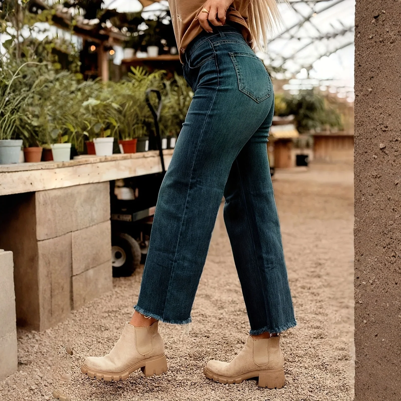 กางเกงยีนส์ทรงตรงเอวกลางผ้ายืดกระชับสัดส่วนแฟชั่นขากว้างสไตล์สตรีทลำลองใส่ได้ทุกวันสีพื้นซักได้