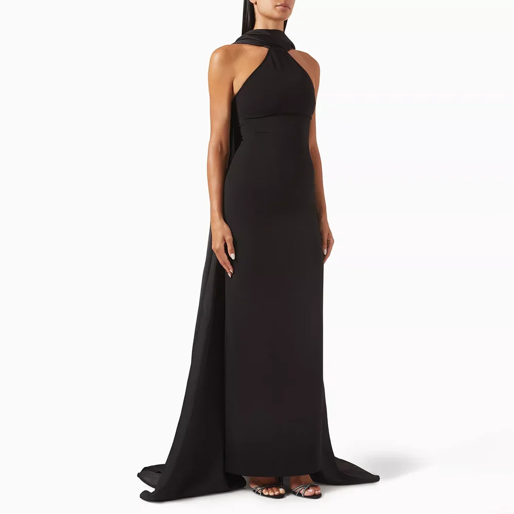 

Elegant Halter Neck Evening Dress Sleeveless Ankle Length Straight Jersey Prom Gowns Slit Back Solid Party Dress Customized