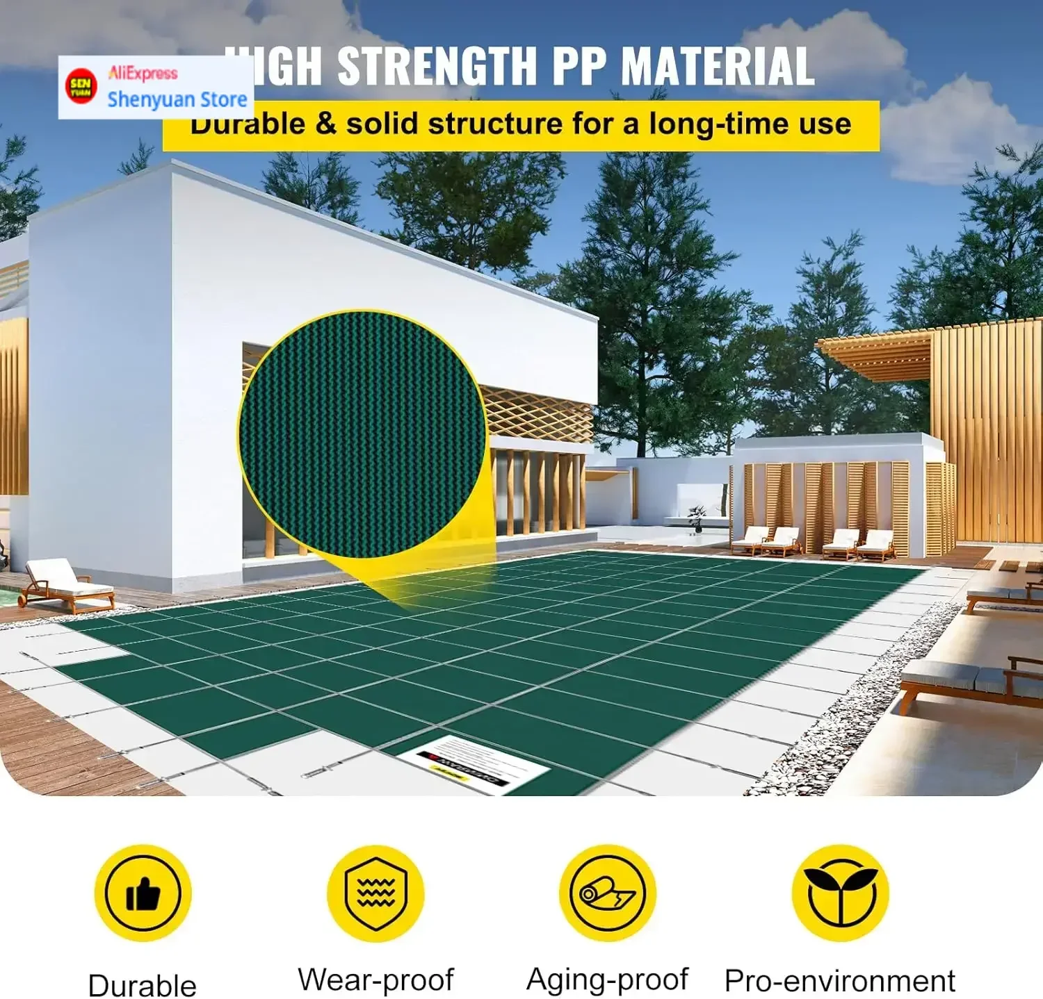 Cubierta de seguridad para piscina enterrada, curvada, rectangular de 18' x 36' con paso central de 4x8 pies, cubiertas de seguridad para piscina, malla verde, 15 años de ancho