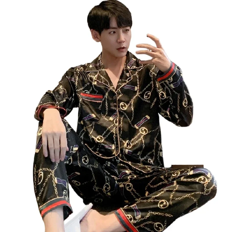 New Plus Fat Size Silk Cardigan Home Suit Spring  Autumn Ice Silk Long Sleeve  Loose Sleepwear Foreign Trade Men's Pajamas Sets