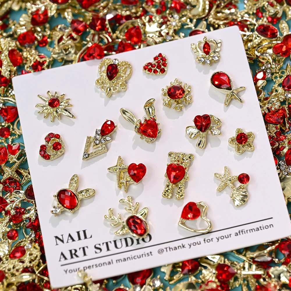 30 قطعة متنوعة من زينة الأظافر الفاخرة من الكريستال الأحمر وسبائك الذهب، تصميم ثلاثي الأبعاد على شكل قلب/أرنب/دب لعيد الحب، مجوهرات مانيكير حمراء للزينة