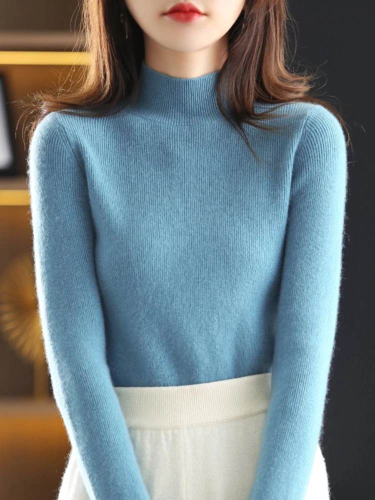 Outono inverno nova camisola de caxemira pulôveres de gola alta feminino casual malha sólida topos moda coreana blusas de fundo quente