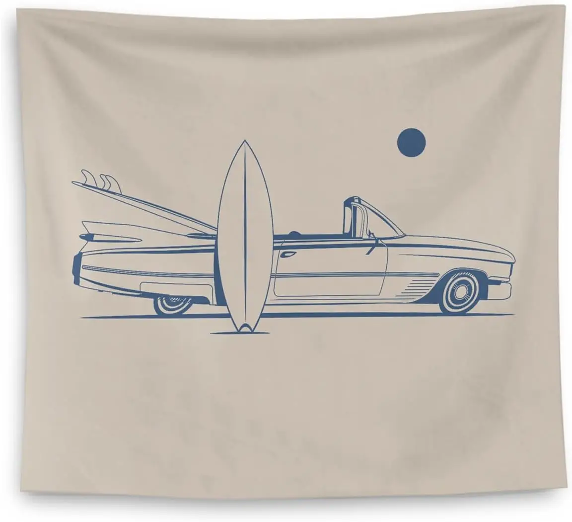 Retro Surf Car Tapestry - Convertible with Surfboard, Vintage Vehicle Wall Art, Bedroom Living Room Decor, Multiple Sizes