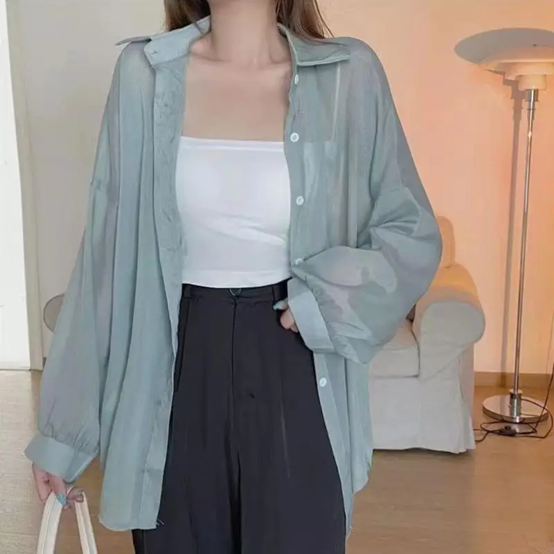 

Sexy Women Button Shirt See Through Transparent Mesh Tops Long Sleeve Lady Shirt