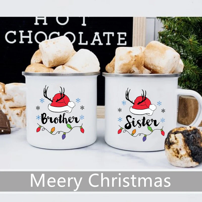 Santa Sister Brother Print Mugs Christmas Eat Hot Cocoa Chocolate Cups Creative Coffee Cups Milk  Mug Handle Drinkware Kids Gift