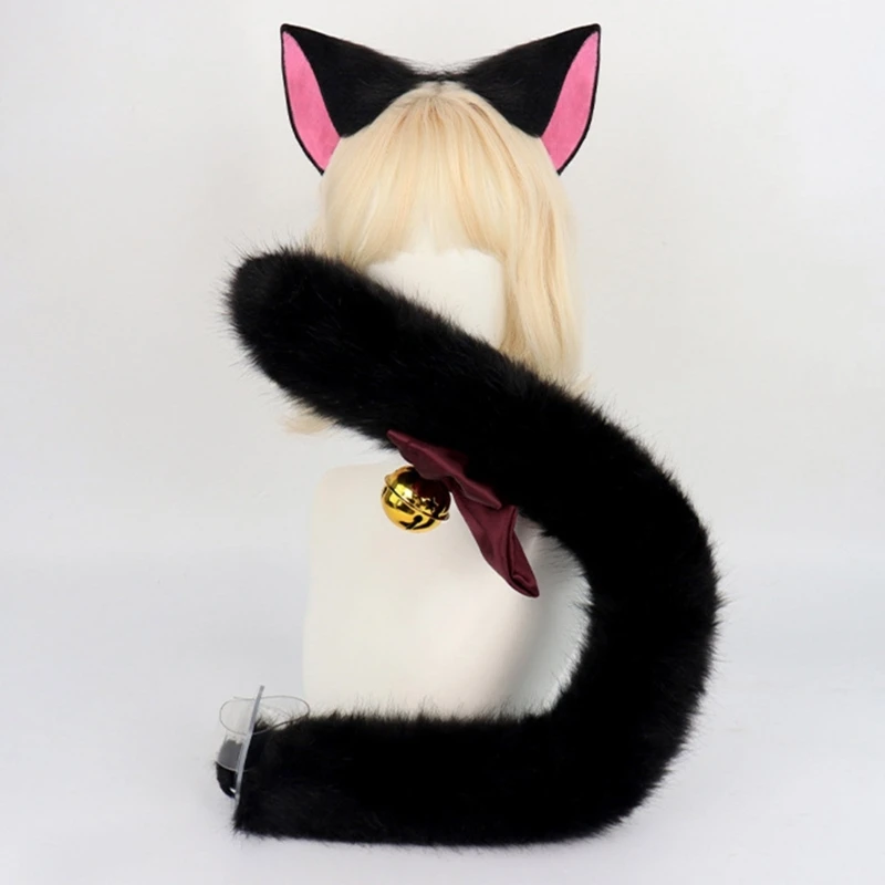 Conjunto fantasia gatos com orelhas gato, faixa cabeça cauda peluda, fantasia animal Halloween