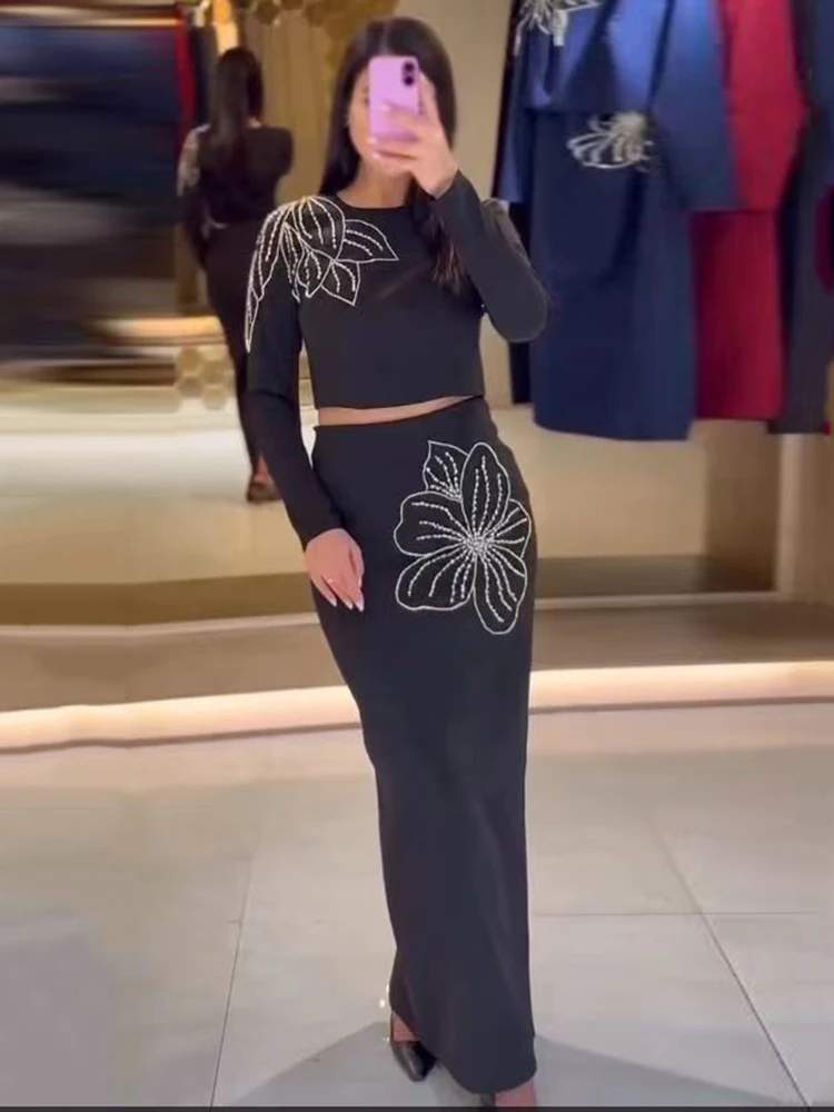 

Женские бандажные юбки с бриллиантами, комплекты из двух предметов, сексуальный короткий топ с длинными рукавами + облегающая длинная юбка, костюмы, вечерние коктейльные комплекты