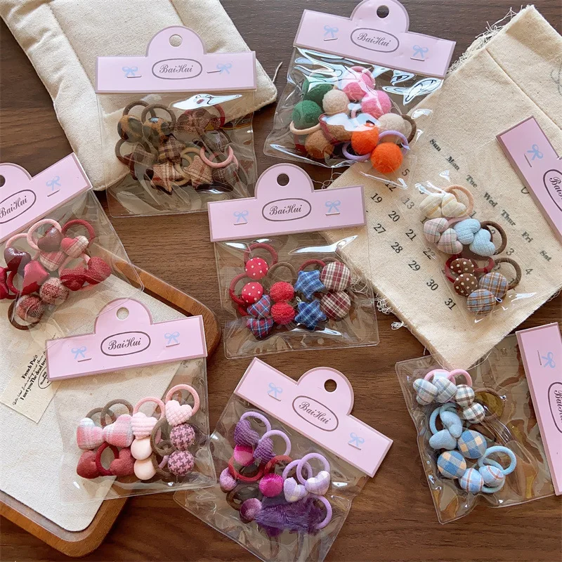 

10 Pack Small Elastic Hair Tie for Children Woolen Plaid Button Color Fall Winter Non Slip Gentle Ponytail Daily Headwear