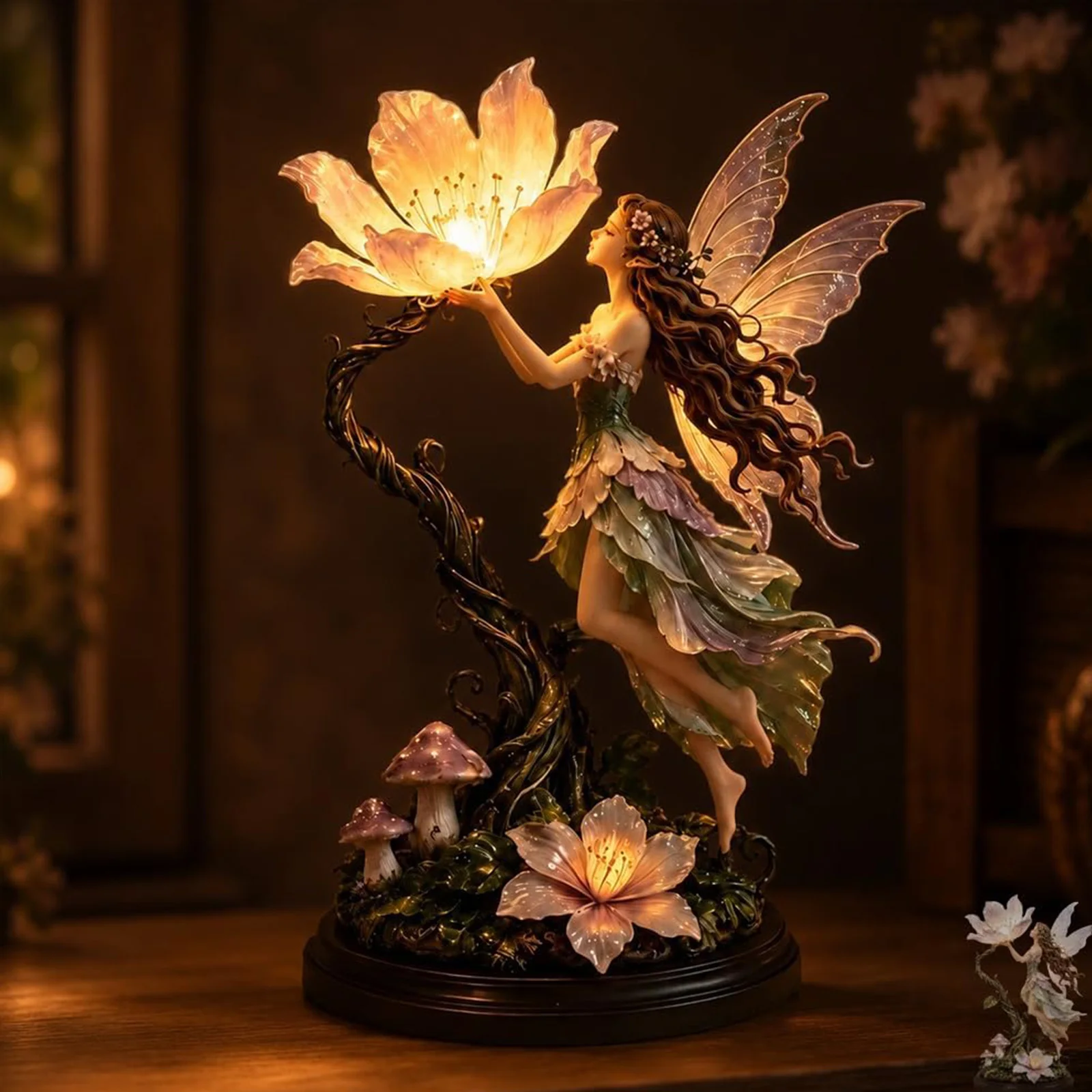 Fantasy Fairy Figurine Night Light Warm LED Resin Statue Daisy Flower Boho Cottagecore Bedroom Decor