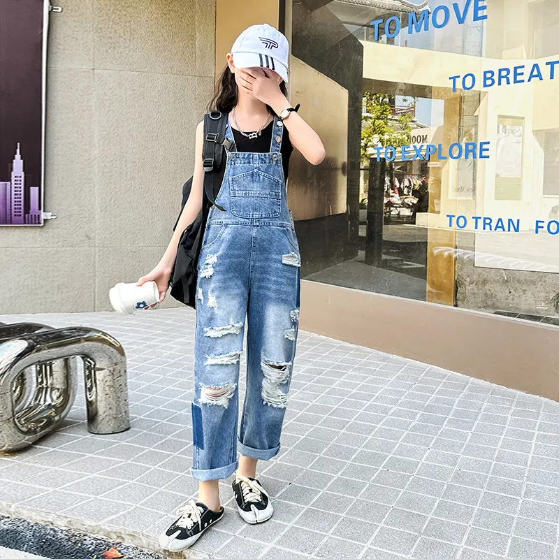 Teenager Girl Jumpsuit Fashion Ripped Broken Hole Summer Jeans Overalls for Kids Suspenders Clothes Loose Children Denim Rompers