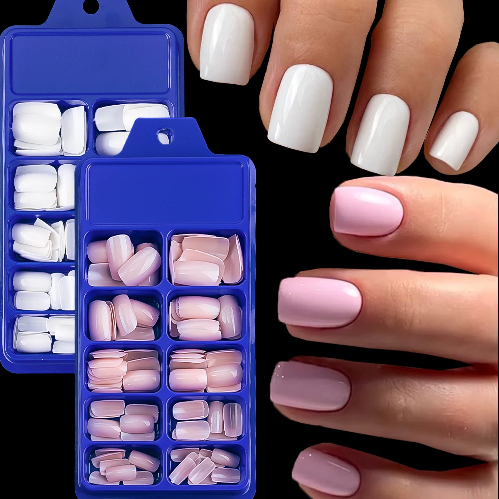 

100pcs Pure Color Light Pink False Nail Medium Square Press on Nails Full Cover Black White Fake Nails Tips 10Size Wearable Nail