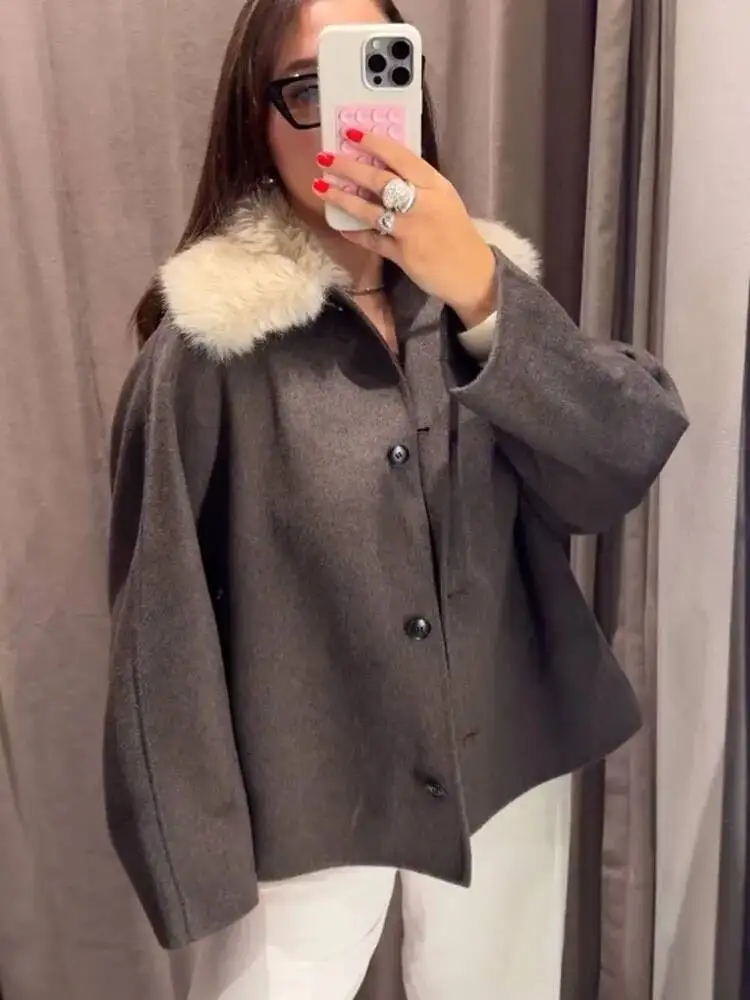 HH المرأة فو الفراء تأثير العنق سترة غير رسمية الإناث موضة التلبيب جيوب واحدة الصدر تزيين معطف الشارع الخريف