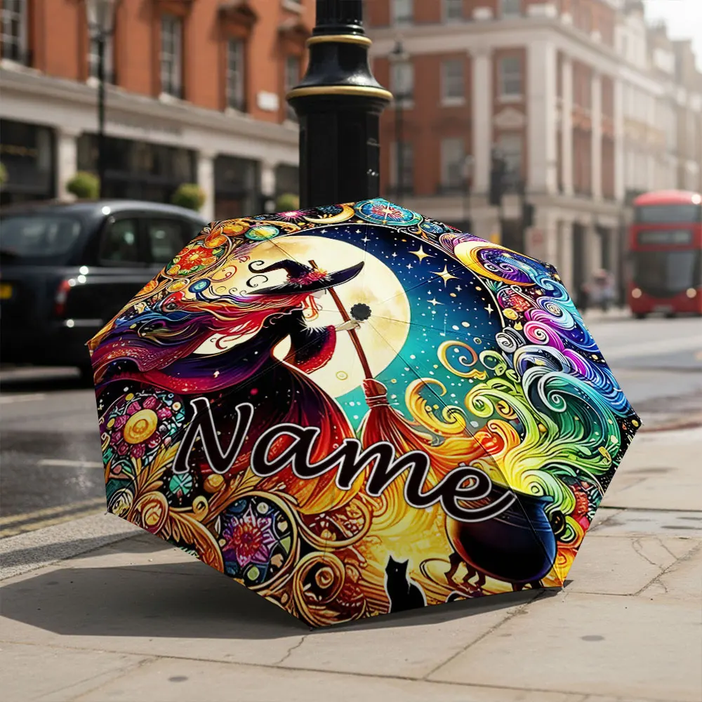 Custom Name umbrella, Colorful Witch Moon Umbrella Fashion Folding Umbrella for Sunny and Rainy Days, Christmas Gift