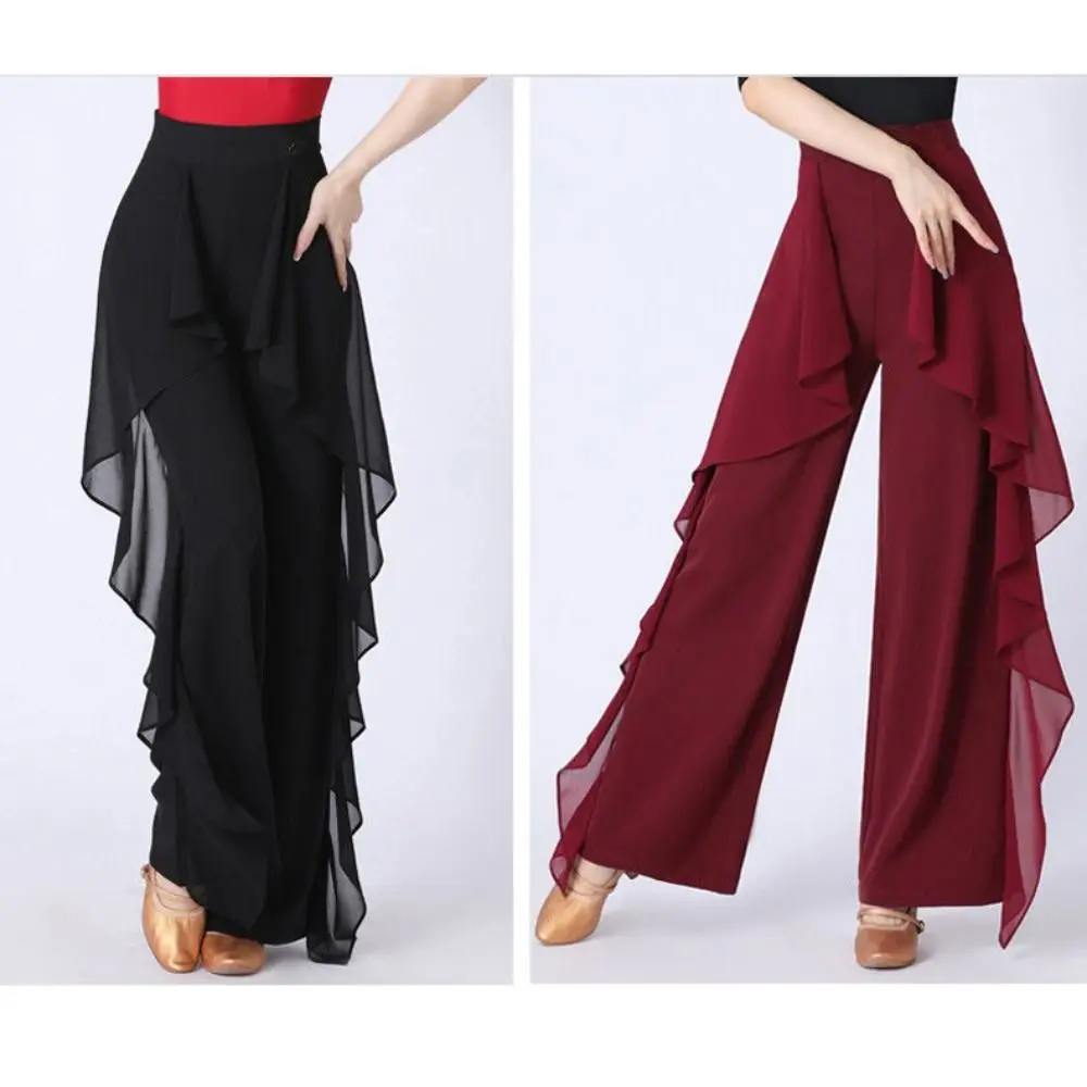 Elastic Waist Dance Pants High Waist Pure Color Square Dance Pants Chiffon Material Pleats Detail Latin Dance Pants Commute Use