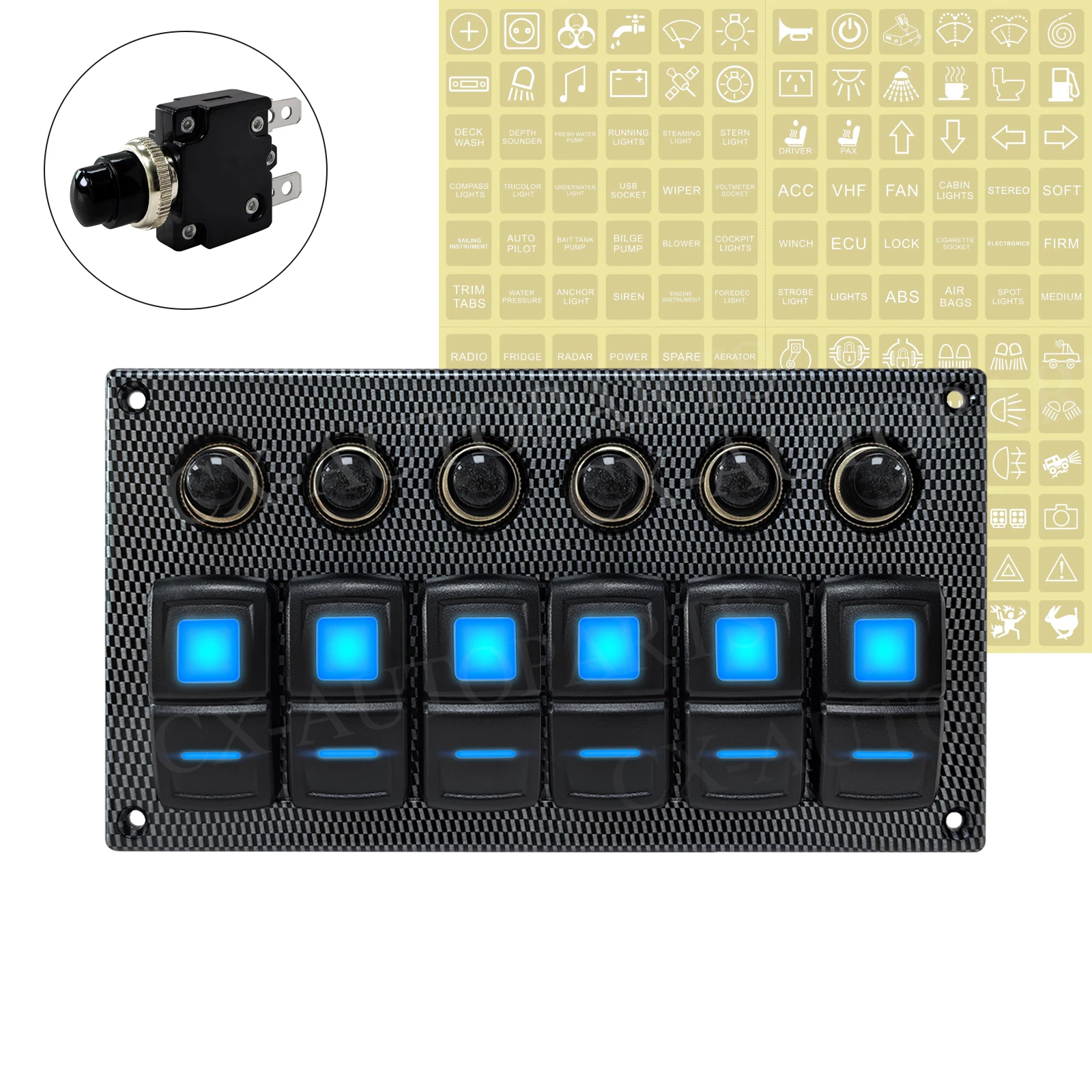 

12V 6 Gang Rocker Switch Panel 15A Circuit Breaker 5Pin ON-OFF Toggle Button Blue led For Boat Truck Trailer Yacht Jeep Truck RV