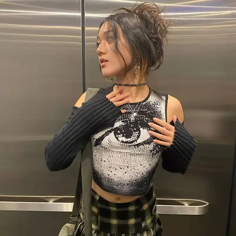 Women Summer Sexy Print Hot Diamond Sleeveless 2024 Harajuku Y2K Hand Painted Eye Print Round Neck Short Casual Tank Top MYQH15