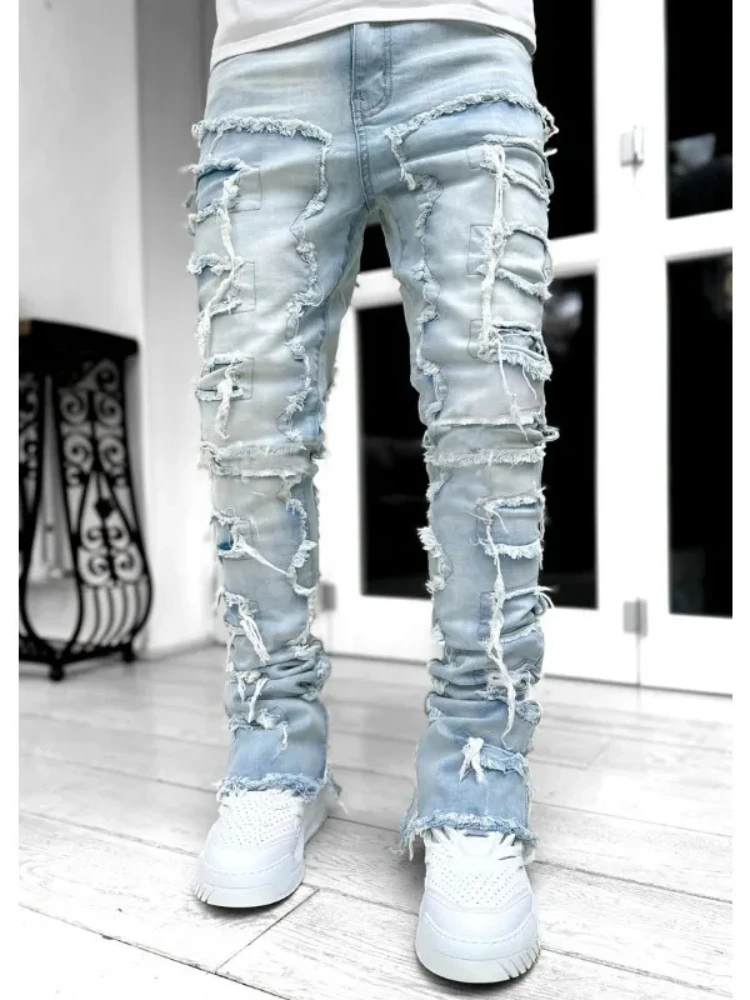 5 Colors Fringe Raw Edge Skinny Jeans Men Elastic Patch Stacked Denim Pants Fashion Punk Streetwear Personality Male Trousers