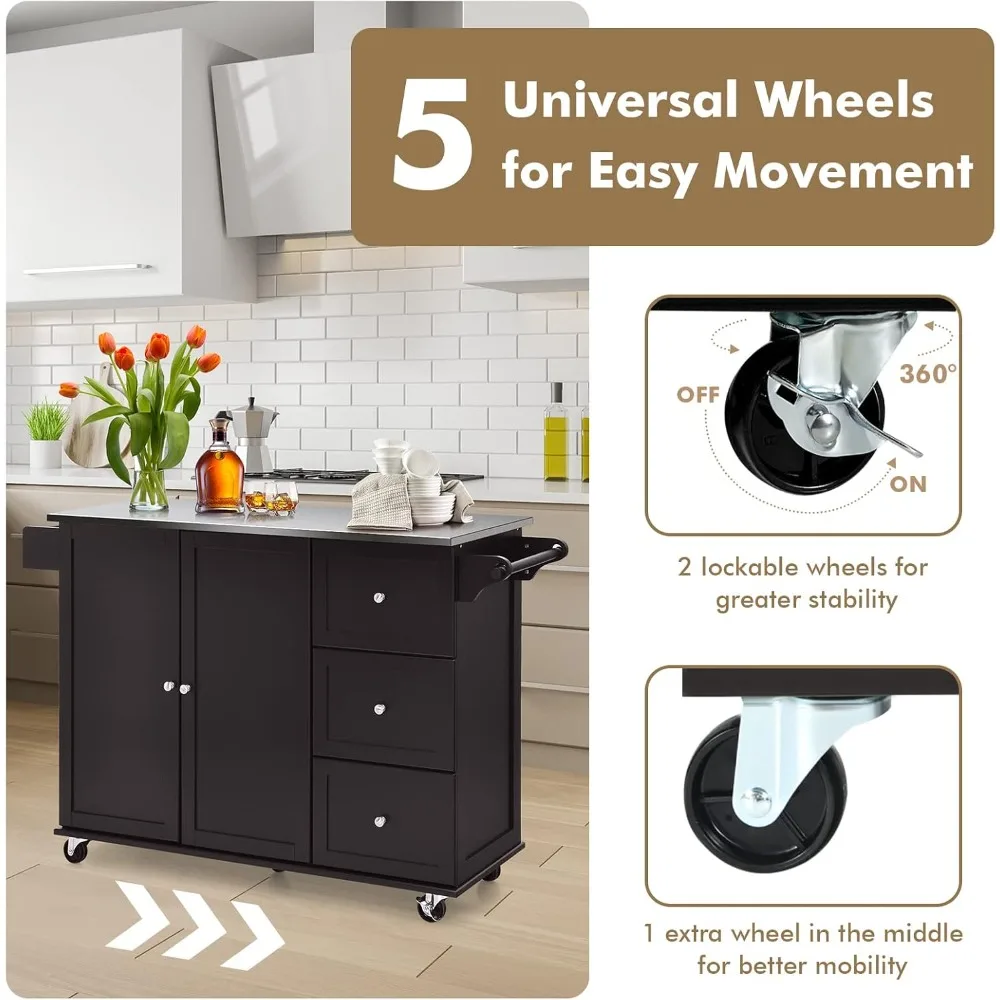 جزيرة المطبخ مع سطح من الفولاذ المقاوم للصدأ، عربة مطبخ دوارة مع خزانة تخزين، 3 أدراج، منشفة ورف توابل