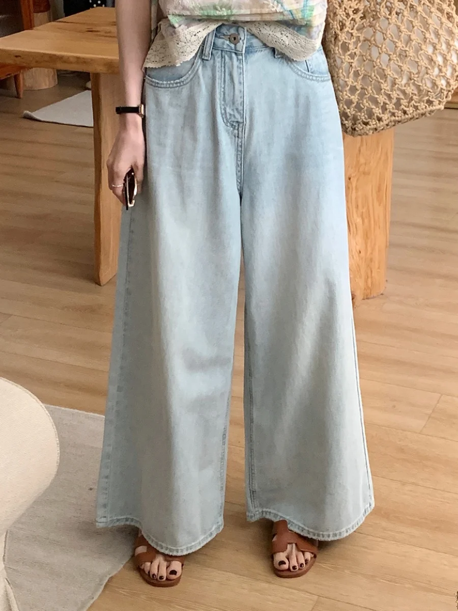 

BRIVIN Light Blue Distred Wide Leg Denim Jeans Women's High Waist Straight Leg Pants Summer New Sle Casual Wear