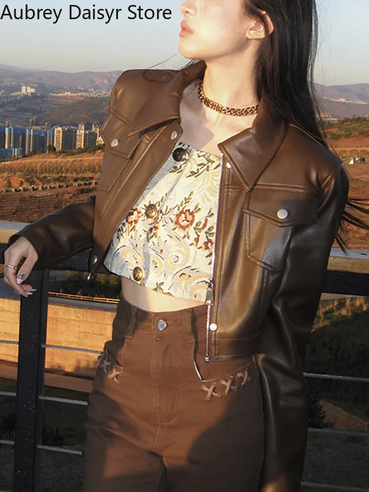 Korean Cropped Brown Leather Jacket Women Punk Fashion Zipper Moto Biker Leather Coat Streetwear Casual Parkas Leather Jacket