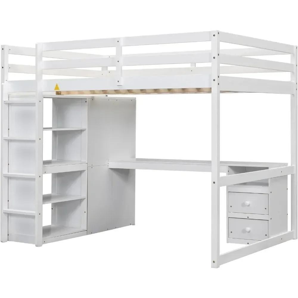 Beliche cama alta tamanho completo com guarda-roupa e mesa, estrutura de cama loft de madeira com prateleiras de armazenamento e gavetas cama infantil