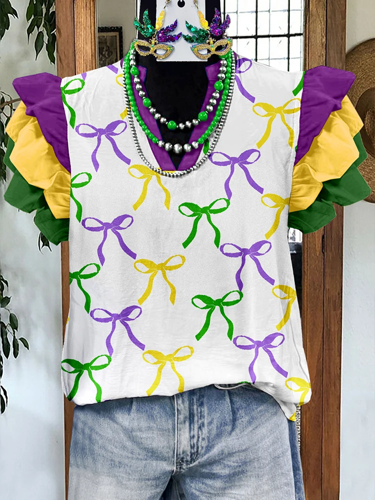 Classic Mardi Gras Bow Print Fly Sleeve Blouse