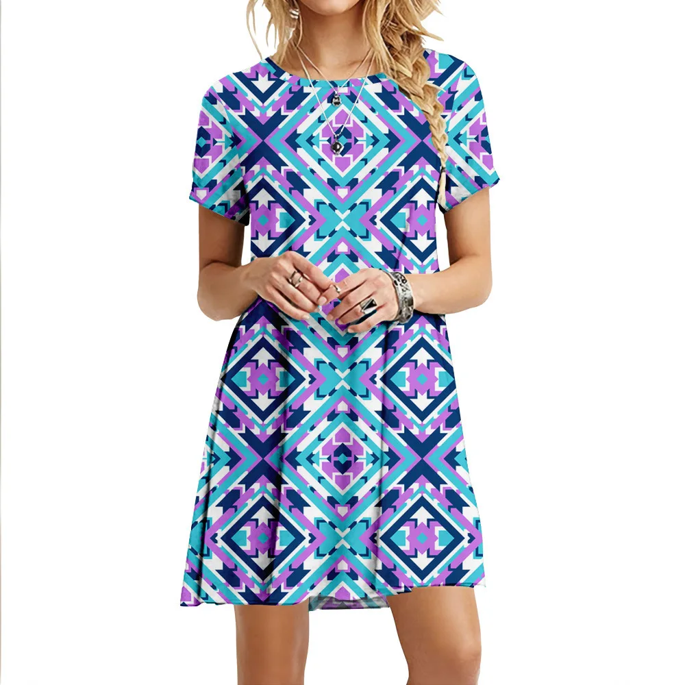 2022 New Summer Women Vintage 3D Print Dress Fashion Short Sleeve Ladies Oversized Dress Casual O-Neck Loose Sundress Vestidos