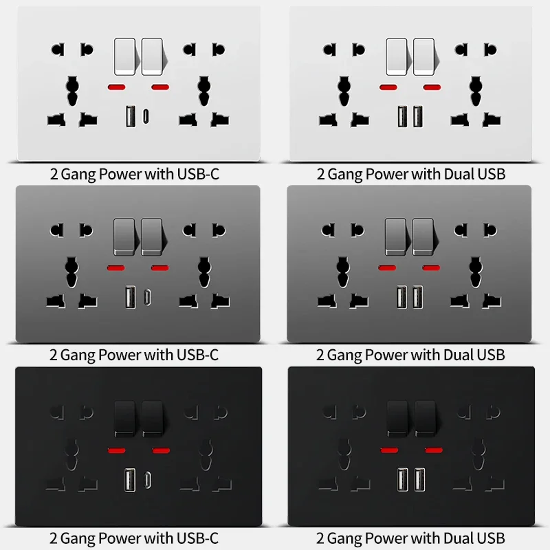 

Universal Wall Socket with USB-C USB Charger & Switches, 2 Gang Power Outlet With LED, Flush Mount, AC 110-250V