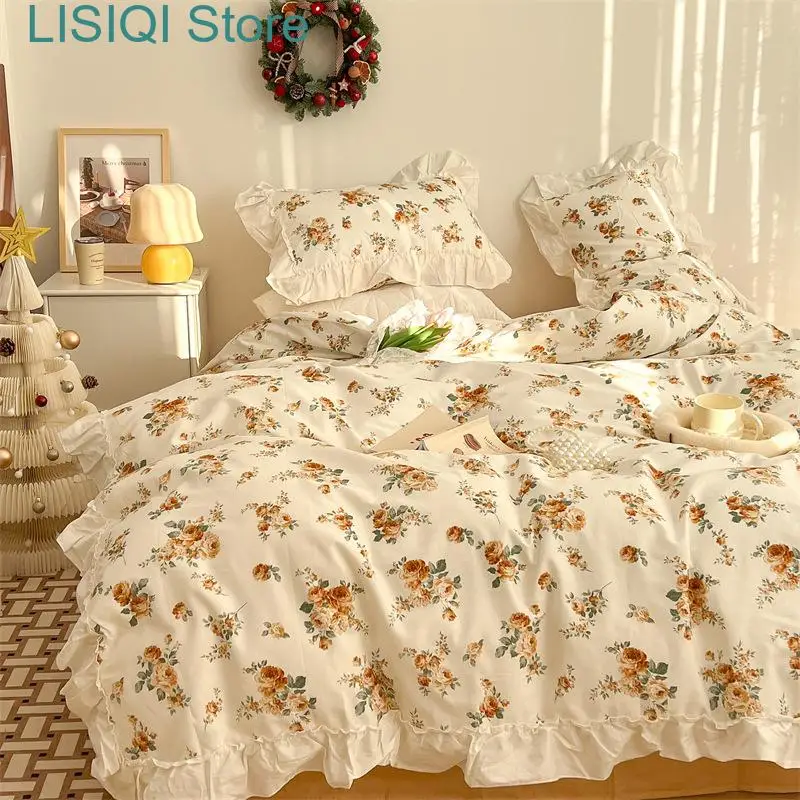 

Cotton Quilt Cover Sheet Four Piece Bedding Set Lovely Pastoral French Style Ink Paint Embroidered Flower Ruffle Lace Bedding