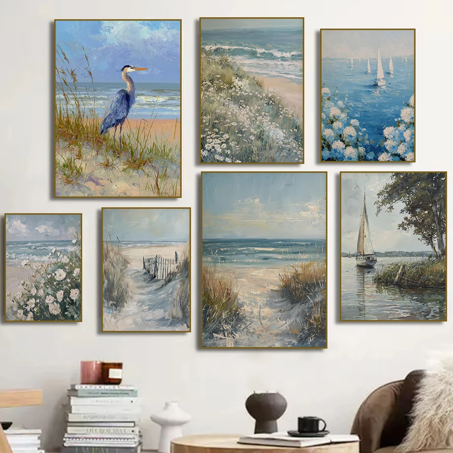 (No frame)White Hydrangeas Sailboat Neutral Beach Landscape Blue Heron Poster Canvas Painting Print Seaside Cottage Home Deco