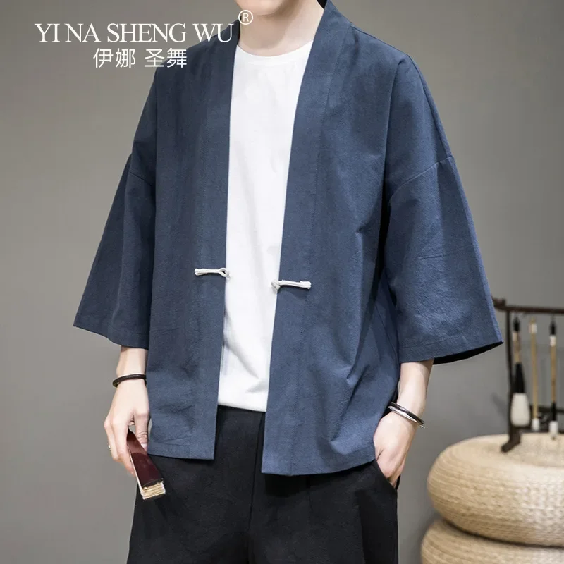 Casual Men's Kimono Jacket With Embroidery - Short Sleeve Open Front Coat Hanfu Vintage Disc Button Cardigan Loose Kimono