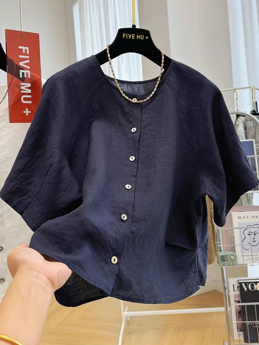 Marca de mujer de lino redondo Ne ort Sve irt verano fino Sle ort longitud Ele Top suelto ajuste Regular longitud Sve