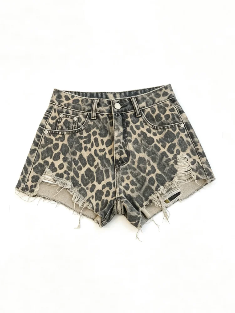 Women Leopard Print Denim Shorts High Waist A-line Hot Jeans Pants Y2K Gyaru Emo Micro Cowboy Shorts Vintage Jean Shorts Summer