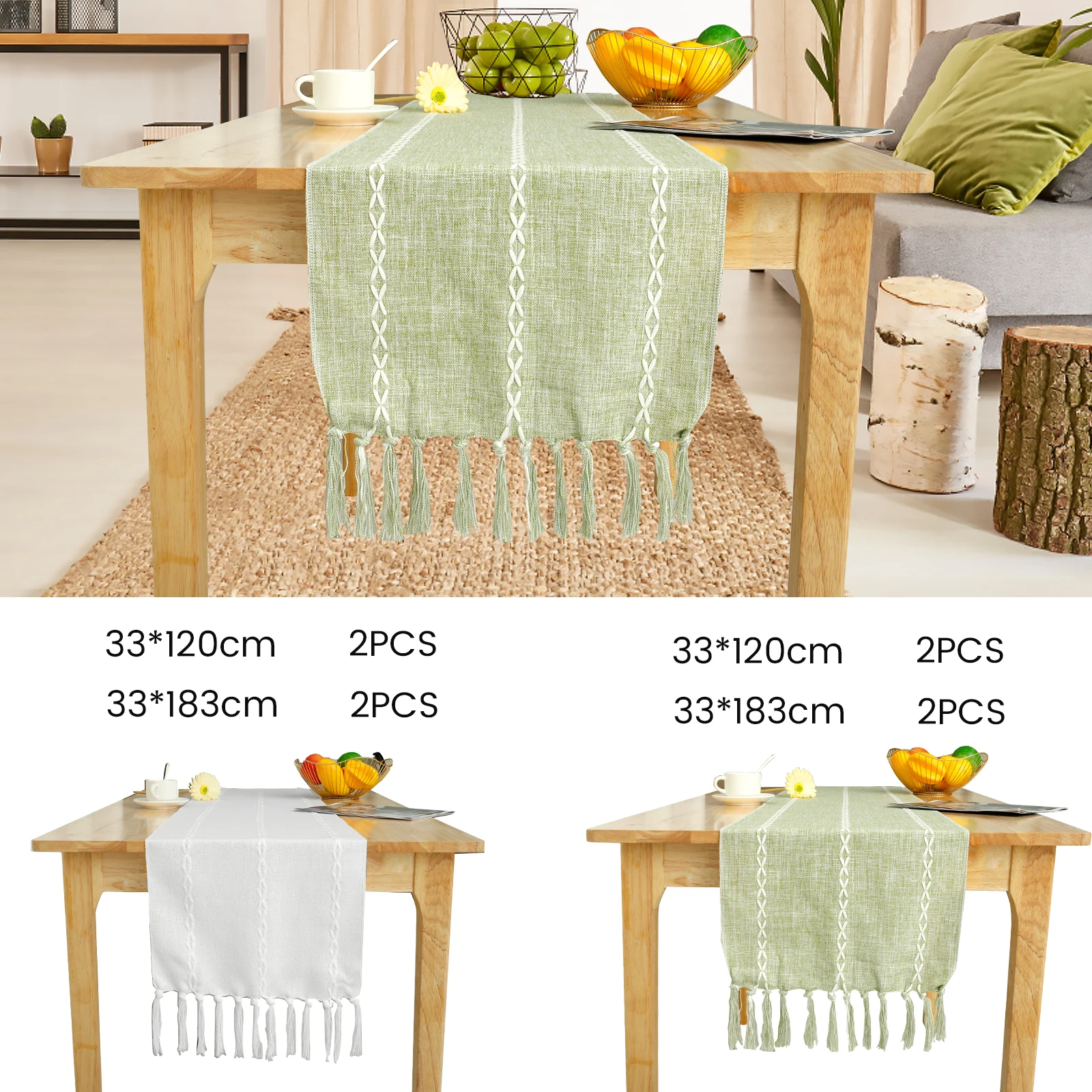 2Pcs Macrame Table Runner Cotton Linen Embroidered Table Runner with Tassel Decorative Farmhouse Table Runner for Wedding and