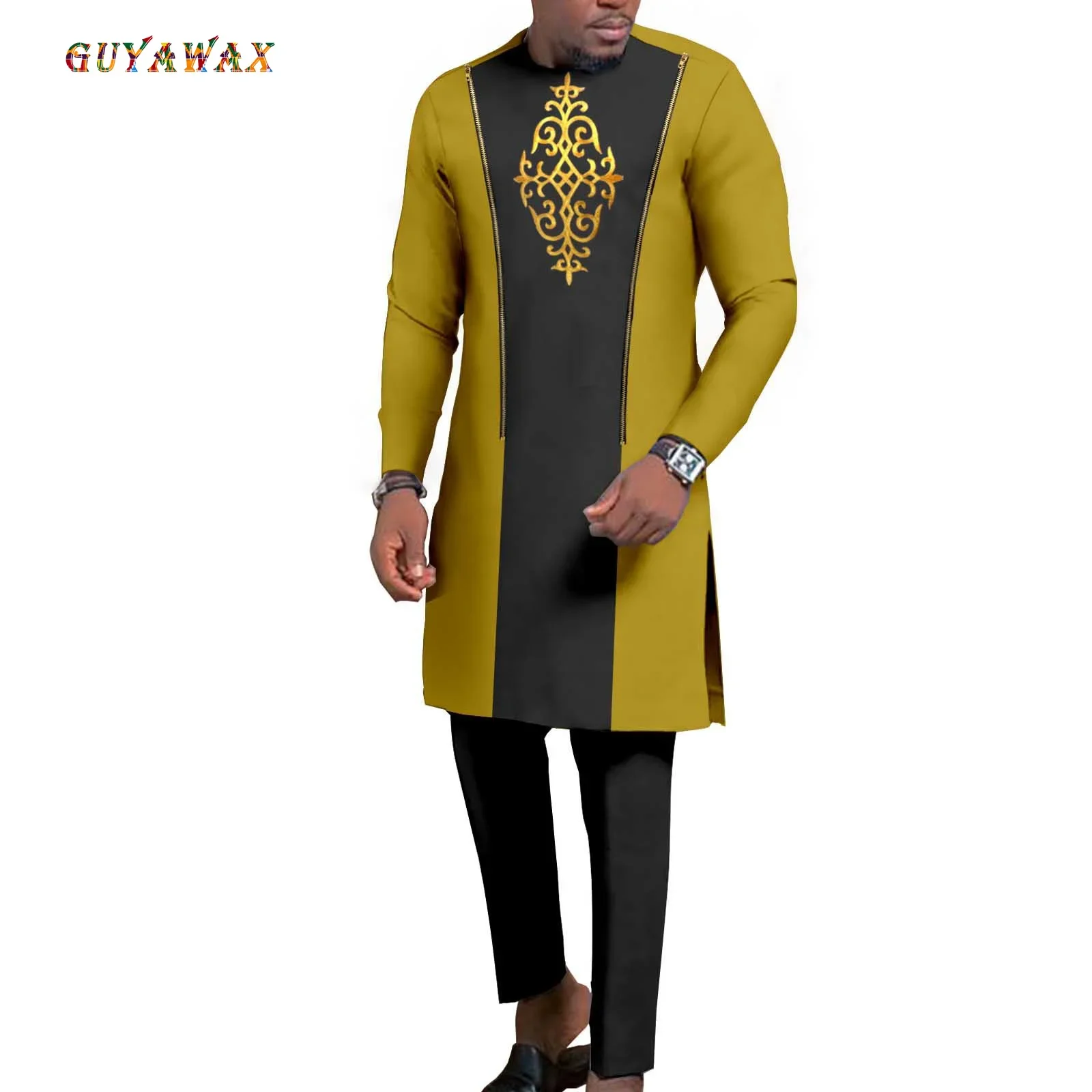 

2PCS Set Dashiki Bzain Rich Outfits Long Outwear for Wedding Evening African Suit for Men Embroidery Formal Jacket and Trousers