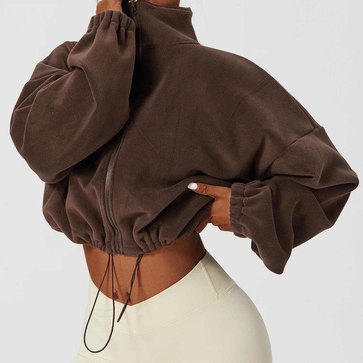 Damen-Kapuzenpullover aus Polarfleece mit Reißverschluss, sportlich, lockere Passform, bauchfreies Oberteil, Stehkragen, Daumenlöcher, Kordelzug am Saum, Mantel für Herbst und Winter