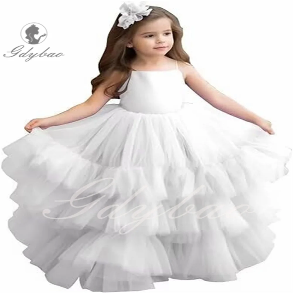 

Ball Gown Spaghetti Straps White Flower Girl Dress Tiered Tulle Puffy Ruffles Ball Gown Girls Pageant Communion