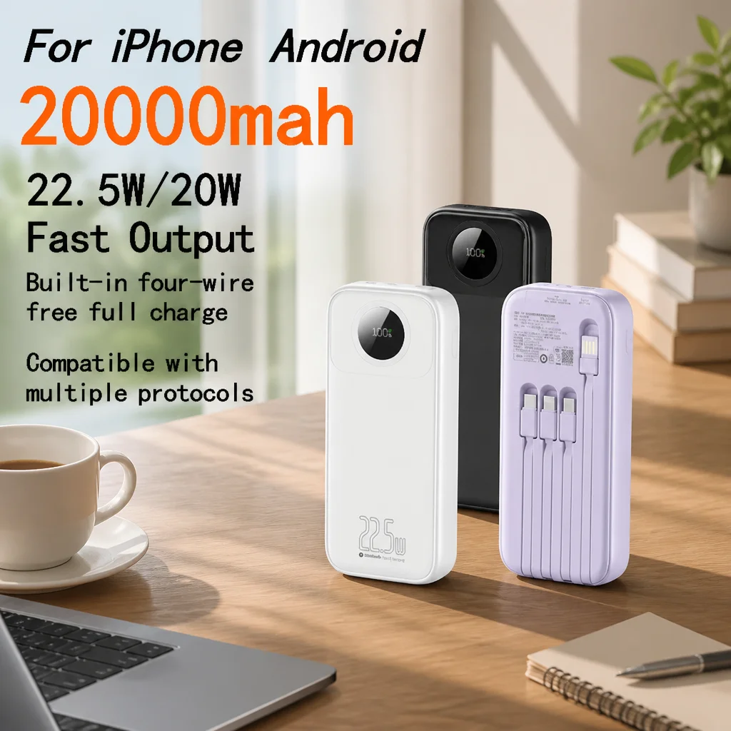 

Power Bank 20000mAh 22.5W Fast Charger Mini Built-in 4 Cables LED Digital Display Portable Battery For iPhone Android