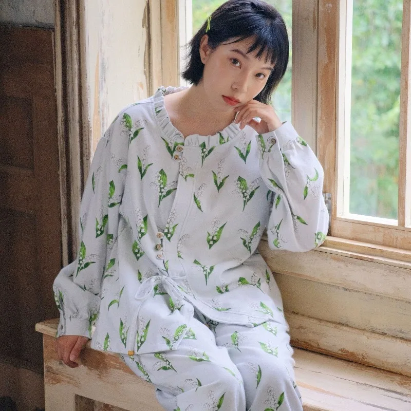 

Пижамный комплект из чистого хлопка во французском стиле с рюшами на шее и пышными рукавами, цветочная домашняя одежда, милая мягкая одежда для дома