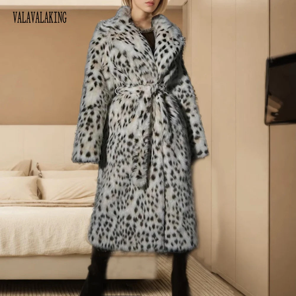 2025 Winter Plus Size Faux Fur Long Coat Women Leopard Long Sleeve Fluffy Cardigan Jacket Ladies Large Thick Warm Furry Outwear