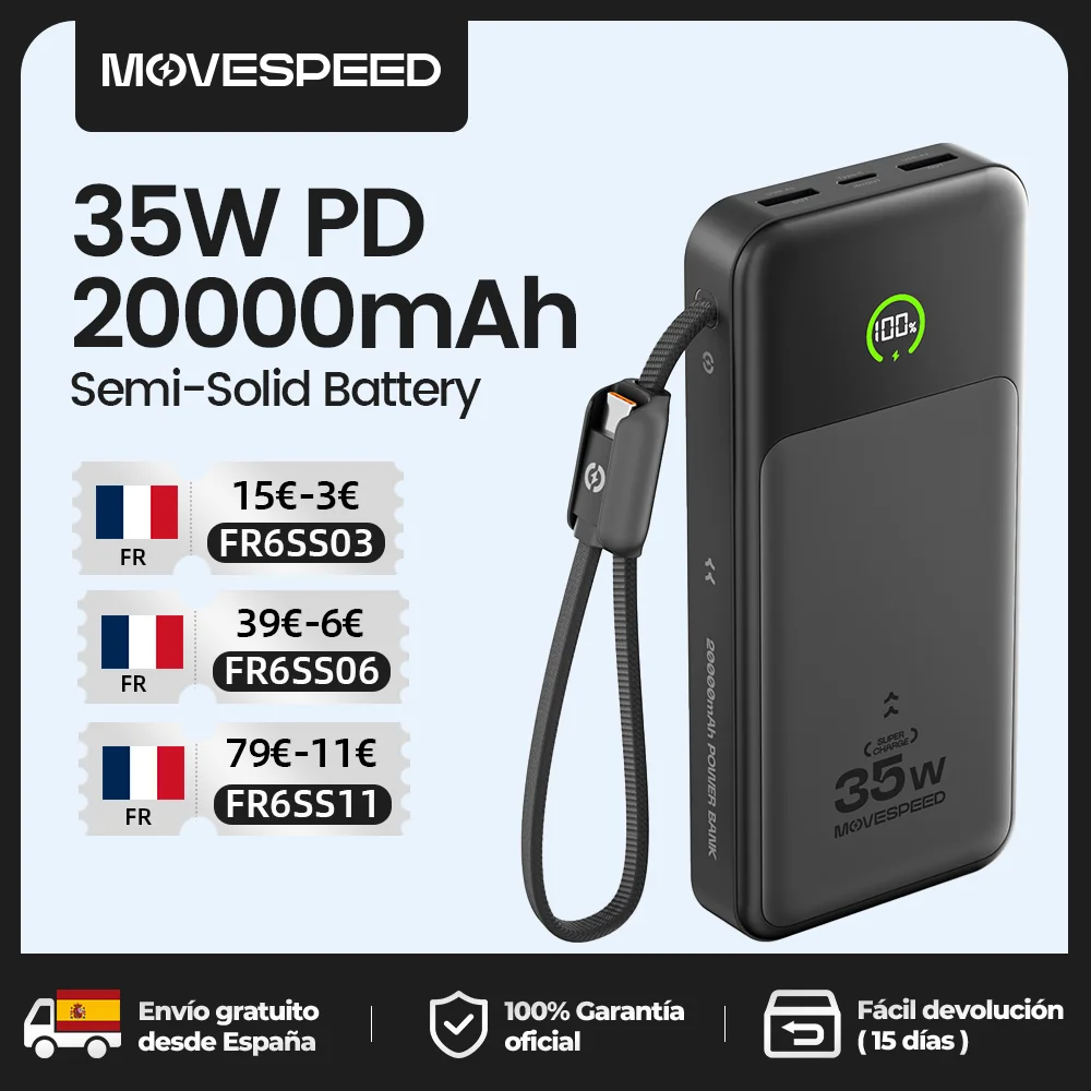 【CCC】MOVESPEED P20 Batterie externe en forme de lame 20000mAh 35W Charge rapide Powerbank Chargeur externe pour iPhone 17Pro Samsung